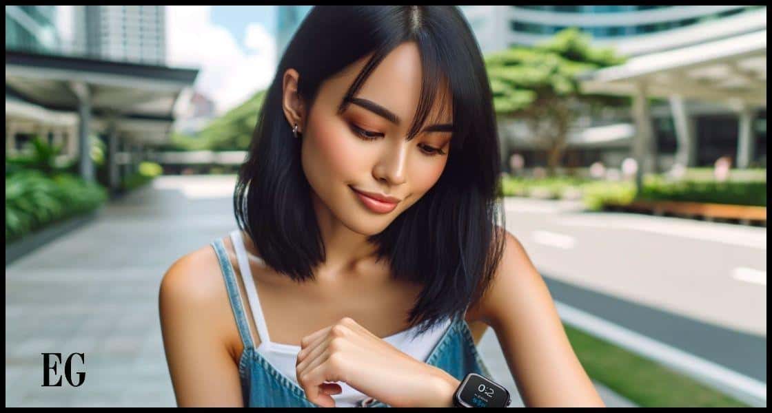 Mujer en un entorno al aire libre, luciendo el reloj inteligente de forma elegante y moderna.