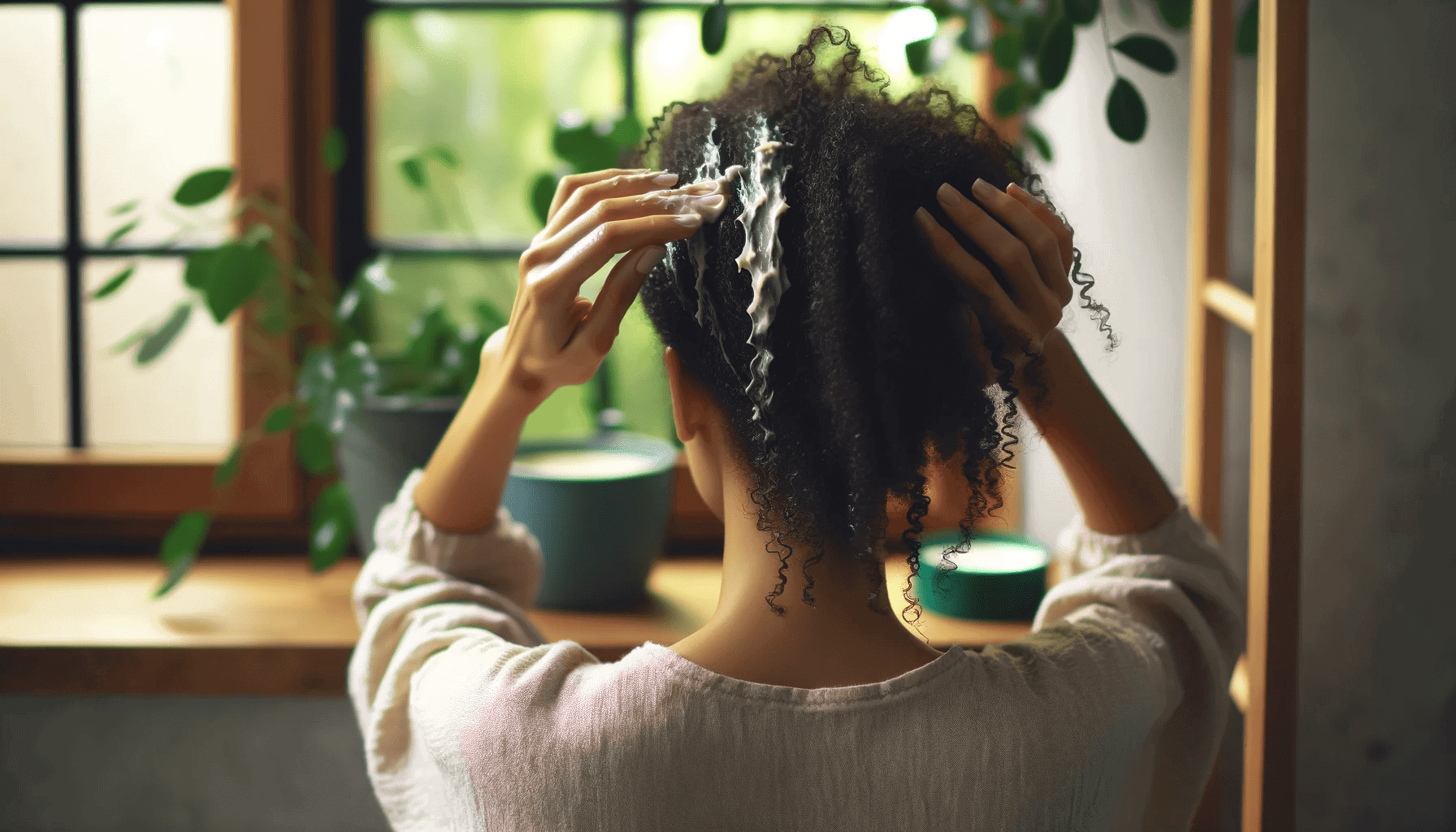 Persona aplicando una mascarilla natural para el cabello en un ambiente hogareño sereno, enfocándose en distribuir el producto uniformemente en su cabello rizado
