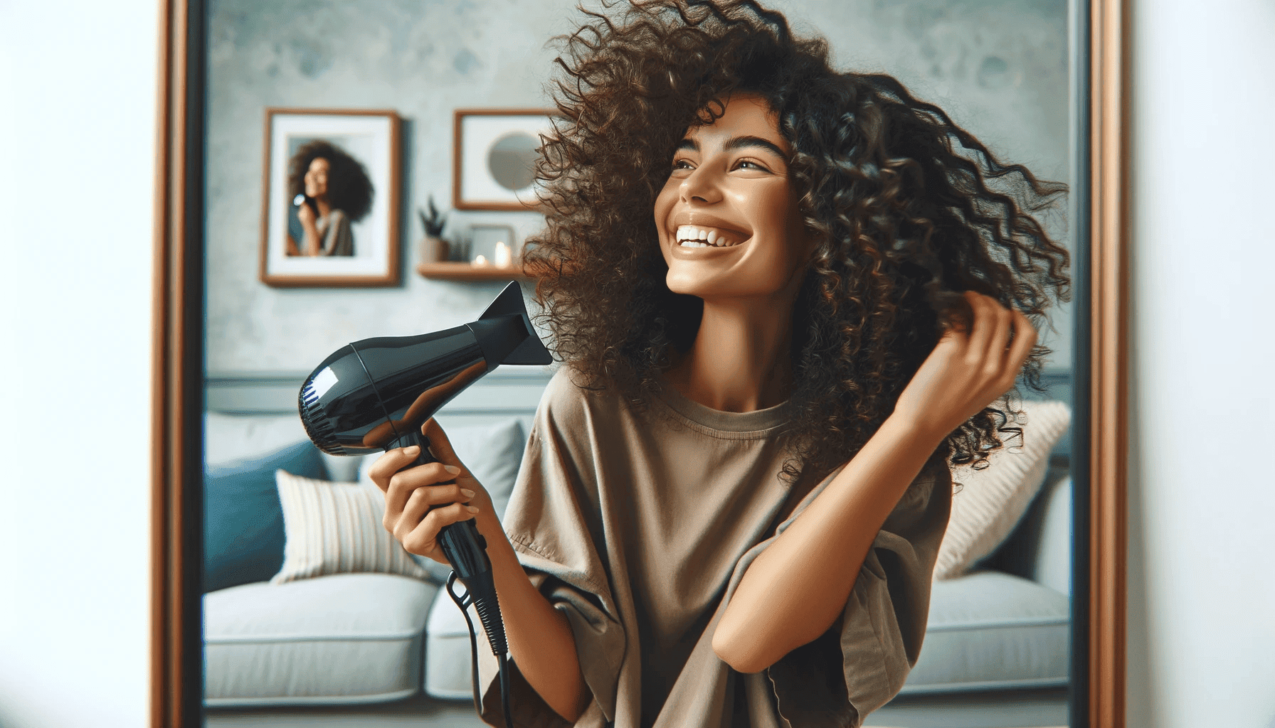Persona con cabello rizado estilizando alegremente su cabello en casa con un secador y un difusor, en un ambiente hogareño acogedor y elegante, capturando la esencia de lograr rizos hermosos y saludables en casa