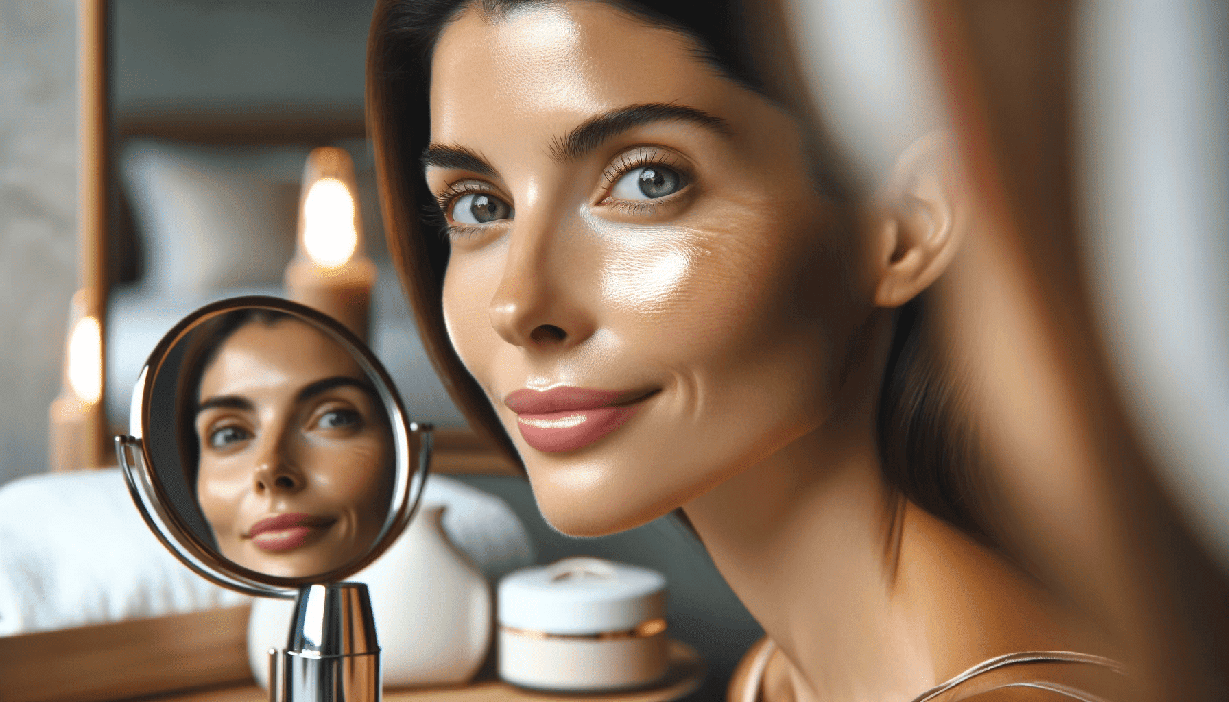 mujerrelajándose en un ambiente sereno en casa, con un brillo visible y una mejora en la textura de la piel después de una sesión de radiofrecuencia facial, destacando la experiencia relajante y rejuvenecedora de los tratamientos en casa.