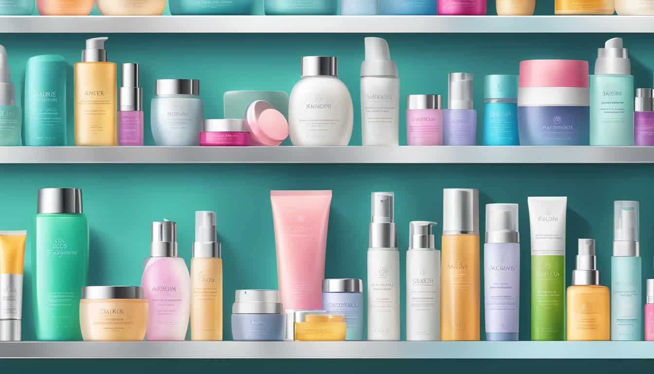 Una vibrante variedad de productos antienvejecimiento para el cuidado de la piel expuestos en un estante moderno y elegante. Fondo luminoso y limpio con iluminación suave.