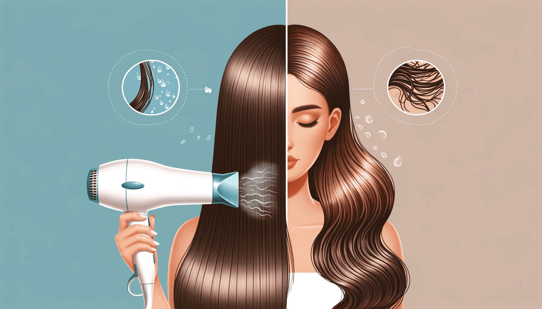 Imagen en formato 16:9 dividida en dos secciones, mostrando el efecto de la potencia del secador de pelo en la salud del cabello. A la izquierda, una mujer utiliza un secador de baja potencia, resultando en un cabello sano, brillante y liso, con una paleta de colores calmada y suave. A la derecha, otra mujer usa un secador de alta potencia, lo que causa daño en el cabello con puntas abiertas y sequedad visibles, representado con una paleta de colores más cálida e intensa. La imagen resalta claramente el contraste entre el cabello sano y dañado debido a los distintos niveles de potencia de los secadores, enfatizando la importancia de elegir el ajuste de potencia adecuado para la salud del cabello.