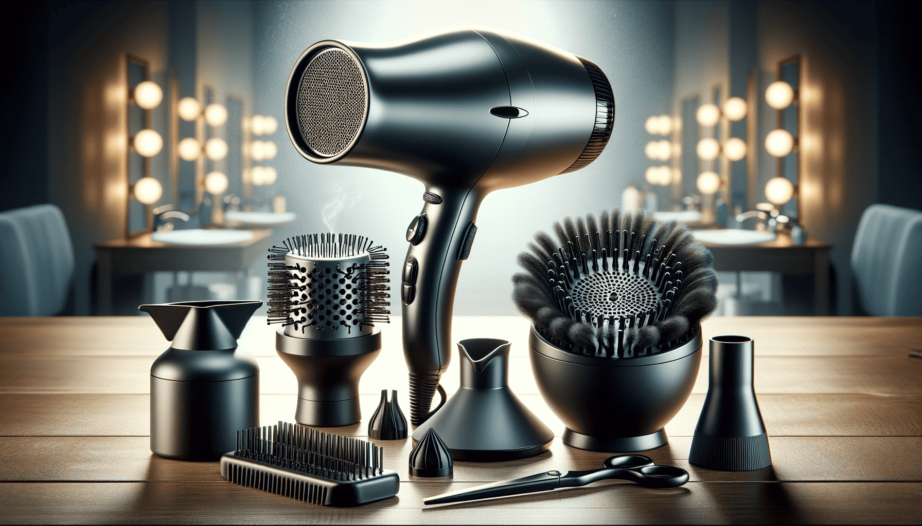 Imagen en formato 16:9 que presenta una variedad de accesorios esenciales alrededor de un secador de pelo de alta potencia. Se incluyen un accesorio difusor, grande y en forma de cuenco para realzar rizos naturales; una boquilla concentradora para un flujo de aire focalizado y un estilo preciso; y un cepillo redondo para dar volumen y suavidad. Los accesorios están dispuestos de manera organizada y estéticamente agradable, destacando su funcionalidad e importancia en el peinado. El fondo es un entorno de salón profesional, enfatizando la calidad profesional de estos accesorios. Esta imagen ilustra la importancia de tener los accesorios adecuados para complementar la potencia de un secador de pelo, demostrando cómo contribuyen a un peinado versátil y efectivo.